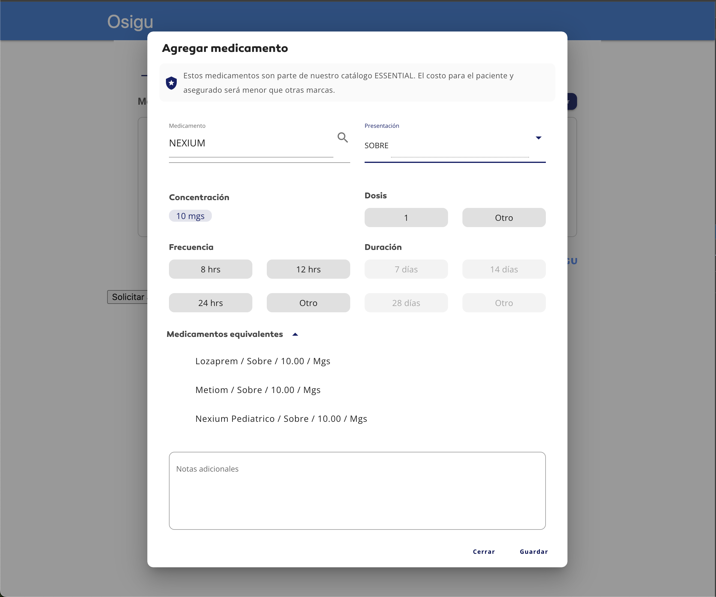 Pre-authorization widget · Modal to add a medication showing name, presentation, dose, frequency, duration and equivalents
