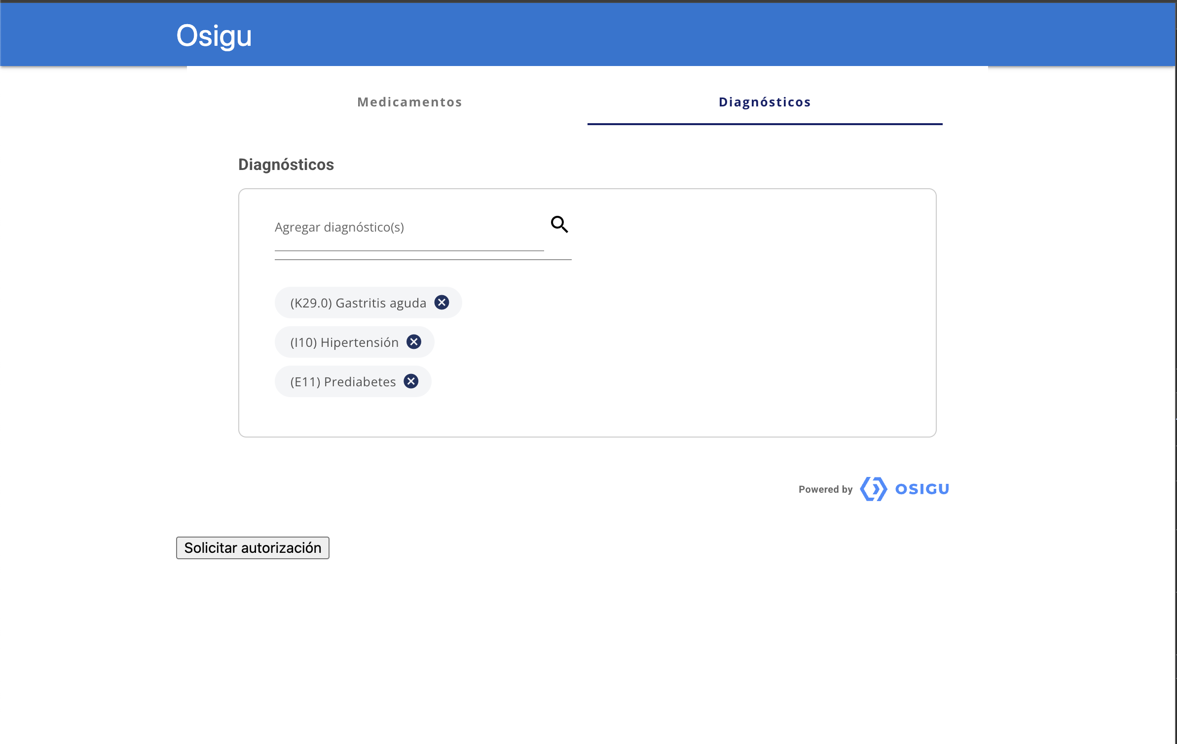 Pre-authorization widget · Diagnoses tab with three ICD-10 chips selected