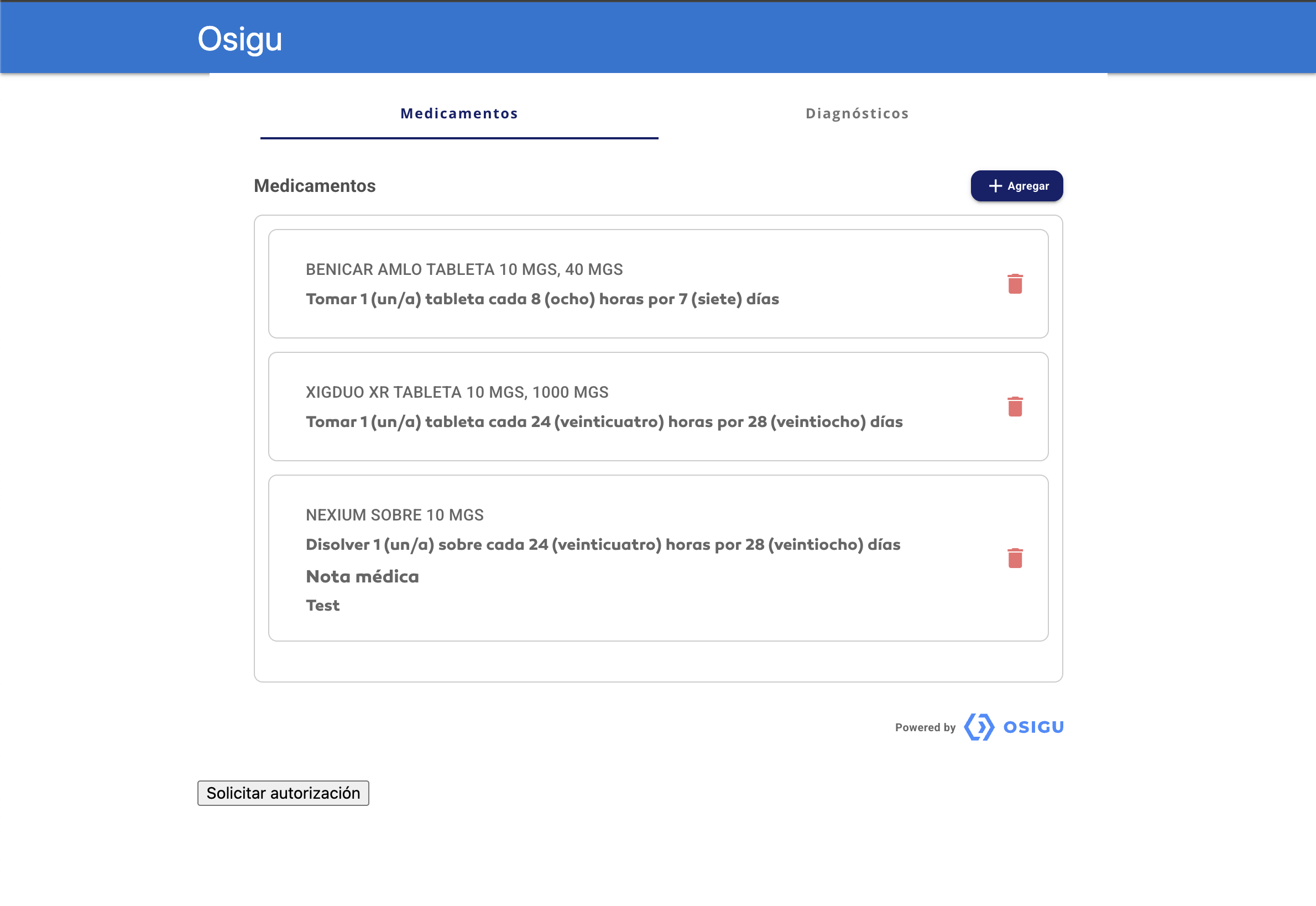 Pre-authorization widget · Medications tab with three medications added and the Solicitar autorización button