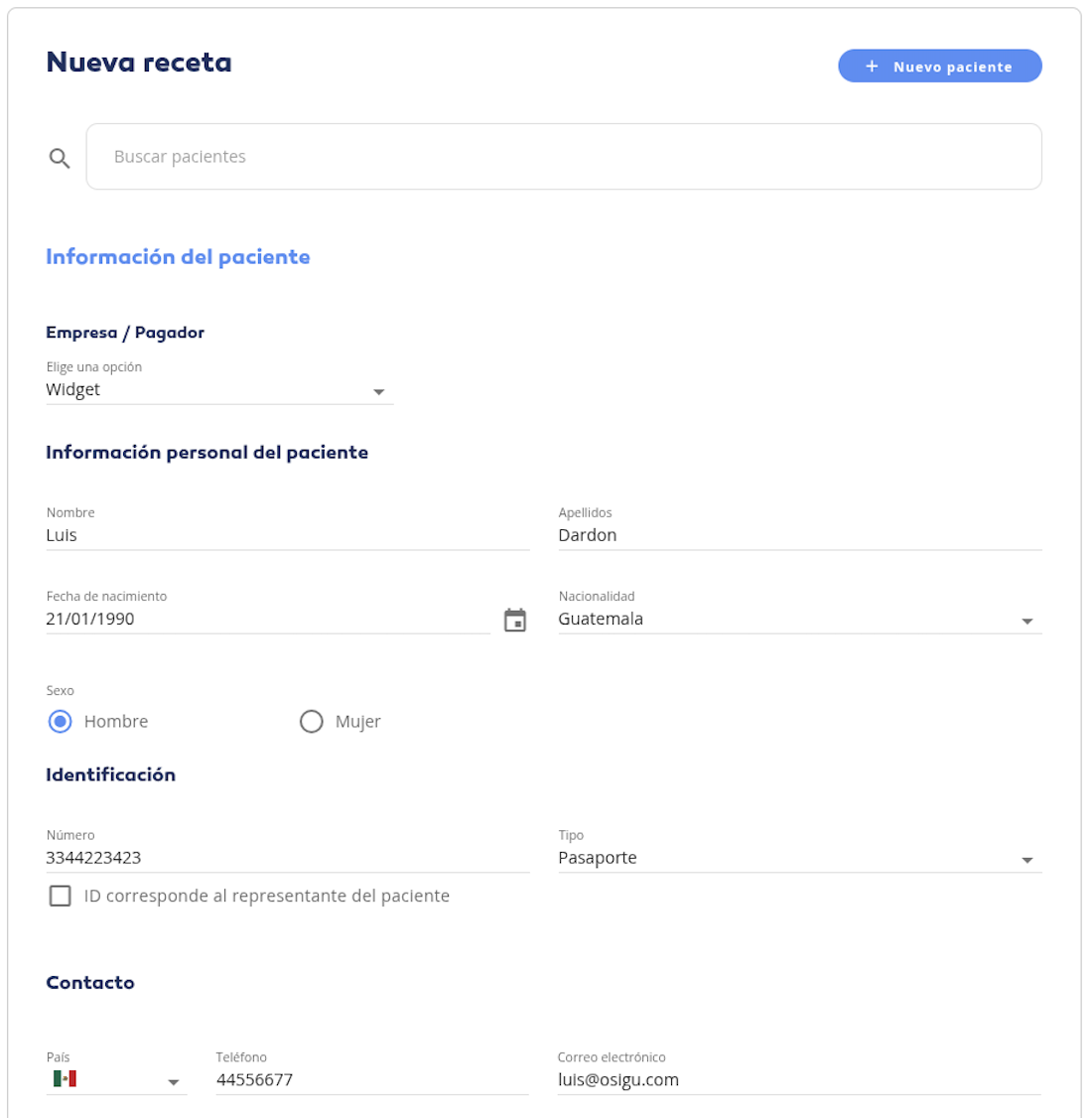Prescription widget · Patient block — payer selection, personal info, ID, contact
