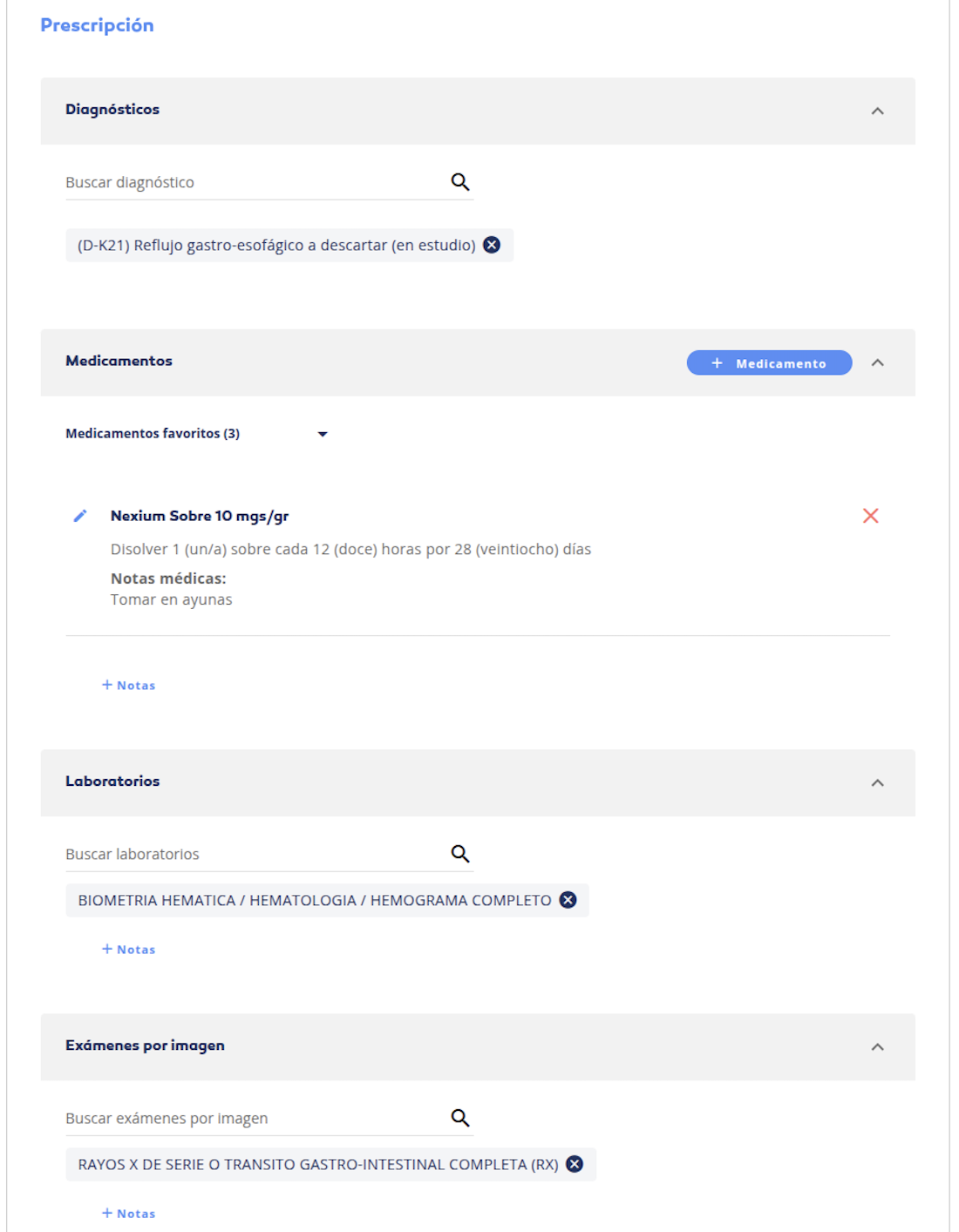 Prescription widget · Prescription block — diagnoses, medications with favourites, labs, imaging studies