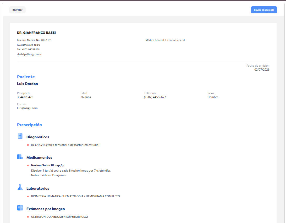 Prescription widget · Preview screen showing the compiled prescription with doctor info, patient info, diagnoses, medications, labs, and imaging